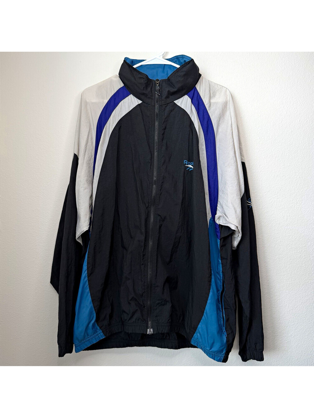 Vintage Reebok Mens L Hooded Full-Zip Nylon Lined Colorblock Windbreaker Jacket